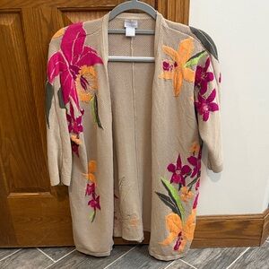 Chico's Beige Floral Cardigan Pink & Orange Accents Open Knit Medium Stretchy